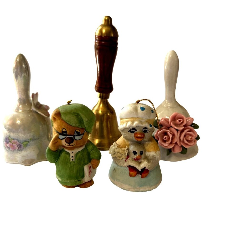 Lot of 5 Various Collectible Bells 4 Porcelain/Ceramic one Brass/Wood